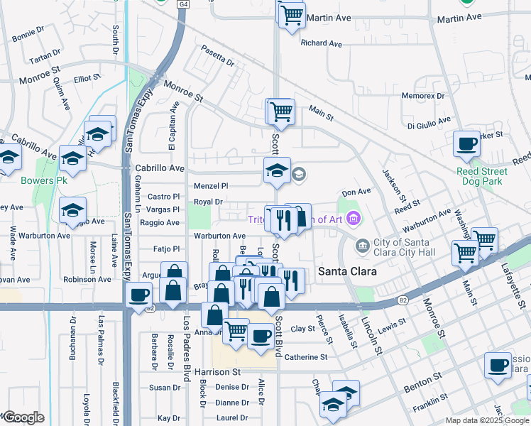 map of restaurants, bars, coffee shops, grocery stores, and more near 2050 Royal Drive in Santa Clara