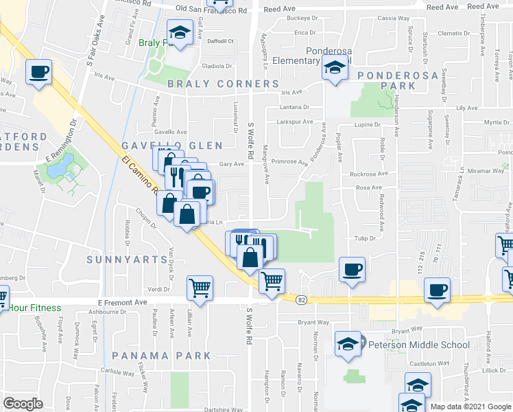map of restaurants, bars, coffee shops, grocery stores, and more near 951 South Wolfe Road in Sunnyvale