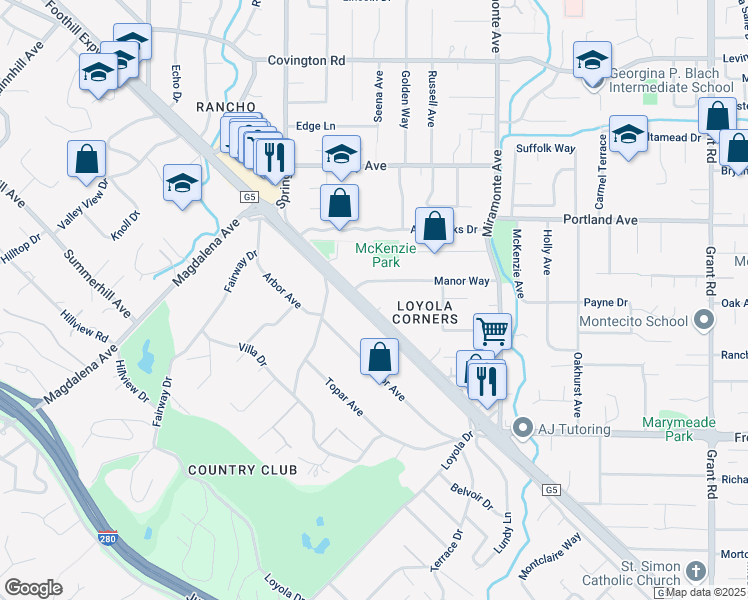 map of restaurants, bars, coffee shops, grocery stores, and more near 784 Manor Way in Los Altos