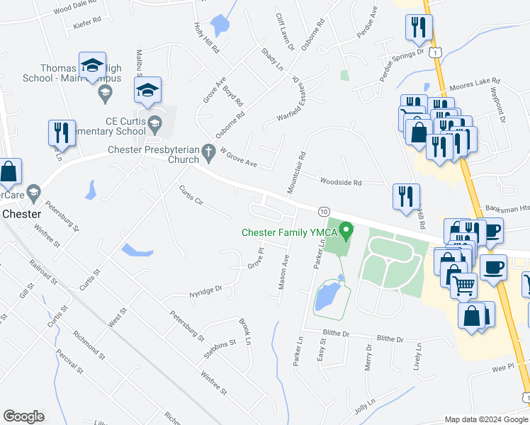 map of restaurants, bars, coffee shops, grocery stores, and more near 3316 Stone Manor Circle in Chester