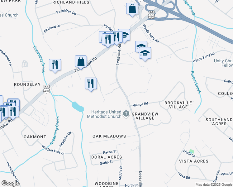 map of restaurants, bars, coffee shops, grocery stores, and more near 542 Leesville Road in Lynchburg