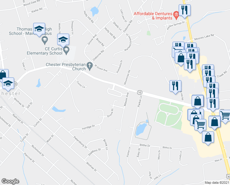 map of restaurants, bars, coffee shops, grocery stores, and more near 3316 Stone Manor Circle in Chester