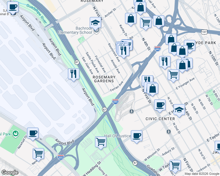 map of restaurants, bars, coffee shops, grocery stores, and more near 1239 Forrestal Avenue in San Jose
