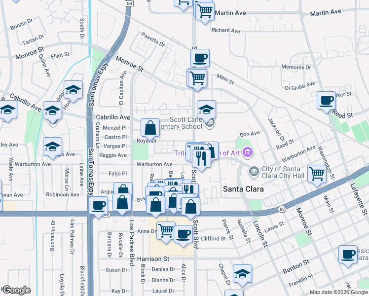 map of restaurants, bars, coffee shops, grocery stores, and more near 2050 Royal Drive in Santa Clara