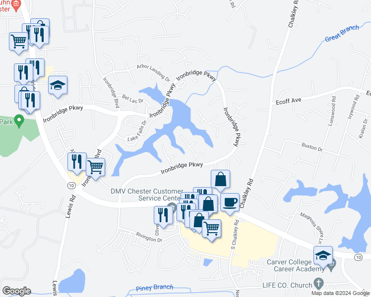 map of restaurants, bars, coffee shops, grocery stores, and more near 11636 Drayton Landing Drive in Chester