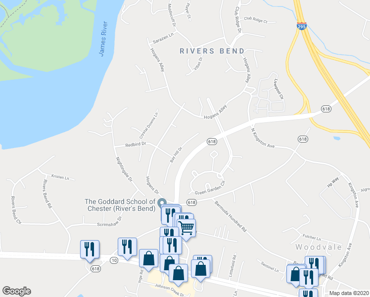 map of restaurants, bars, coffee shops, grocery stores, and more near 12603 Bay Hill Drive in Chester