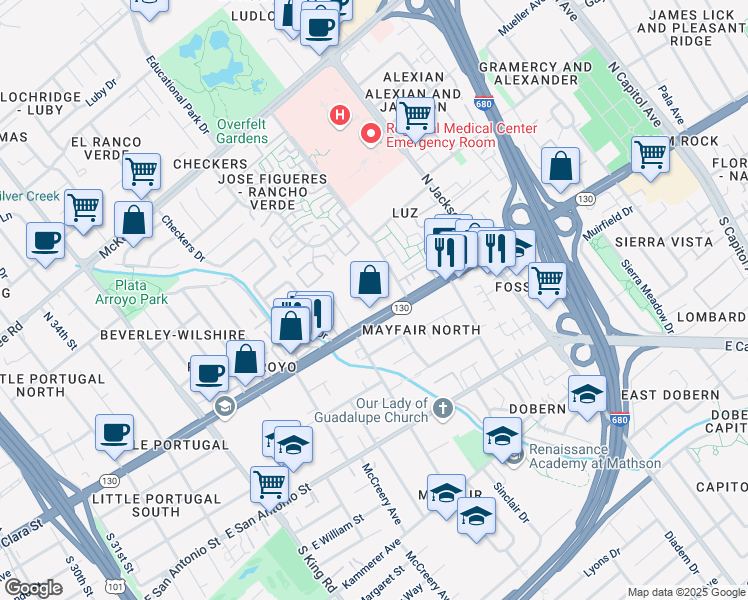 map of restaurants, bars, coffee shops, grocery stores, and more near 2091 Alum Rock Avenue in San Jose