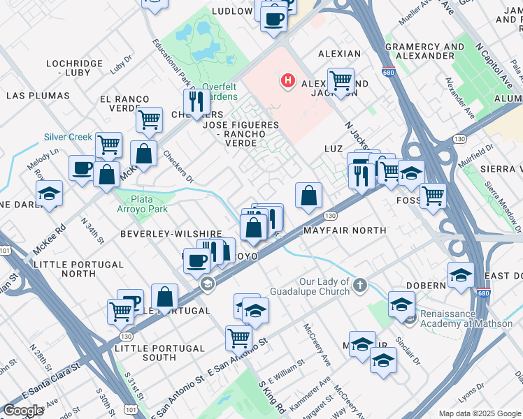 map of restaurants, bars, coffee shops, grocery stores, and more near 1915 Perrone Circle in San Jose
