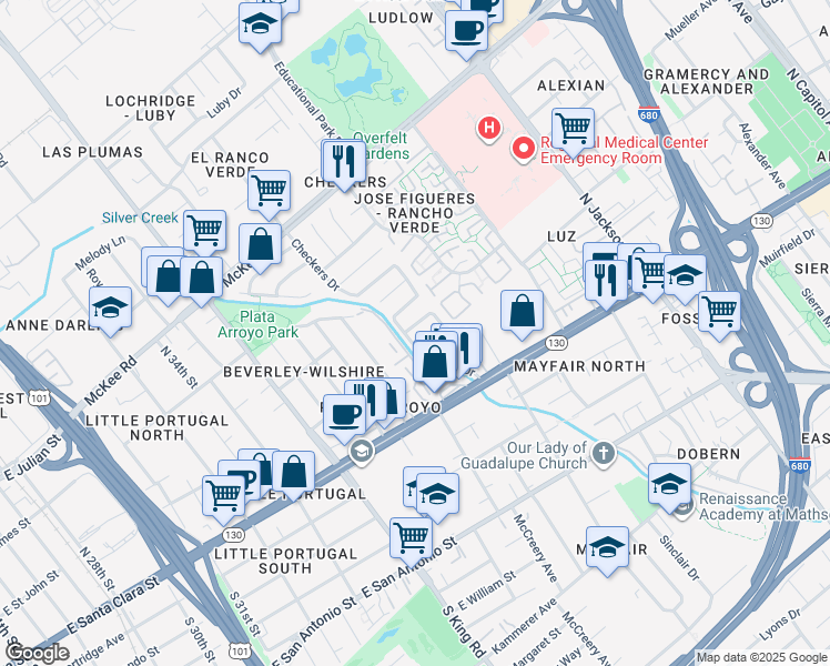 map of restaurants, bars, coffee shops, grocery stores, and more near 1826 Perrone Circle in San Jose