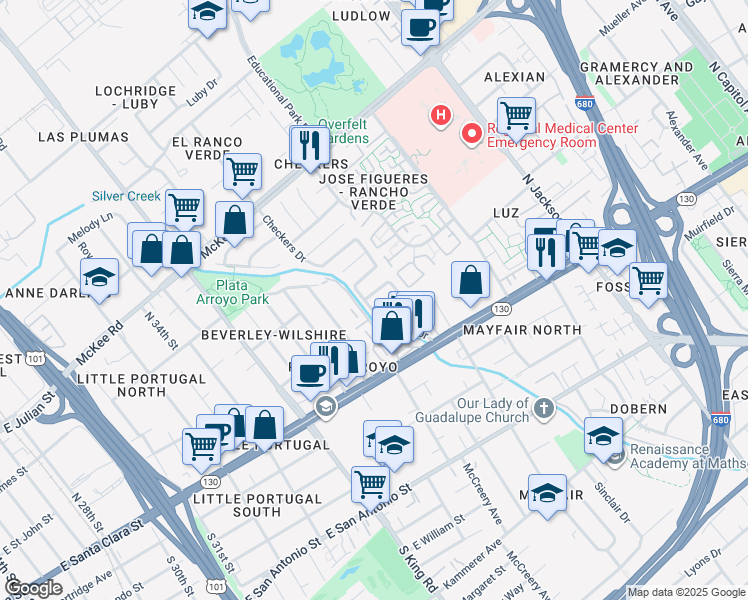 map of restaurants, bars, coffee shops, grocery stores, and more near 1826 Perrone Circle in San Jose