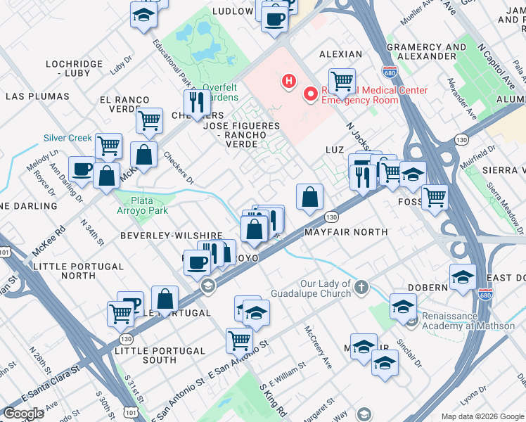map of restaurants, bars, coffee shops, grocery stores, and more near 1915 Perrone Circle in San Jose