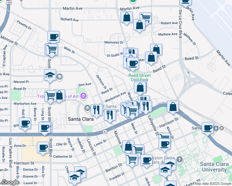 map of restaurants, bars, coffee shops, grocery stores, and more near 1891 Main Street in Santa Clara
