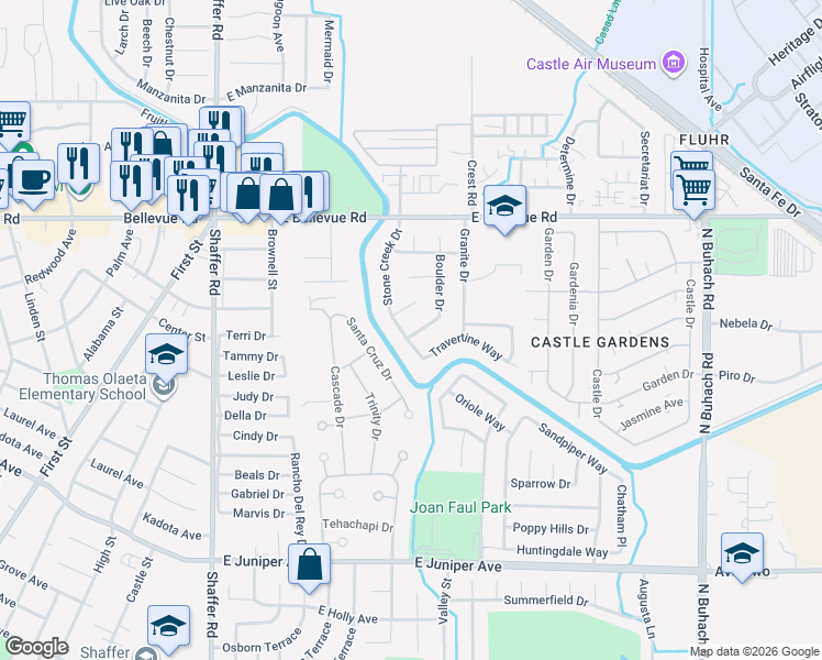 map of restaurants, bars, coffee shops, grocery stores, and more near 2470 Stone Creek Drive in Atwater