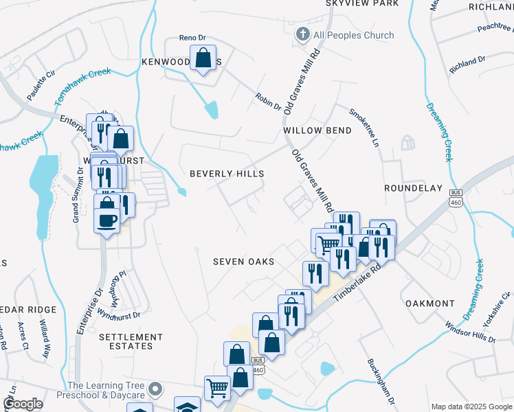 map of restaurants, bars, coffee shops, grocery stores, and more near 116 Beverly Hills Circle in Lynchburg