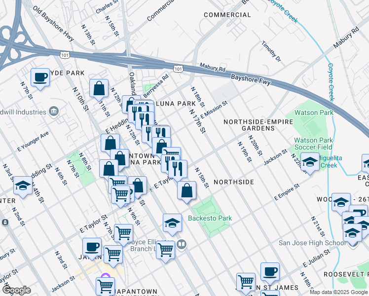 map of restaurants, bars, coffee shops, grocery stores, and more near 780 North 15th Street in San Jose
