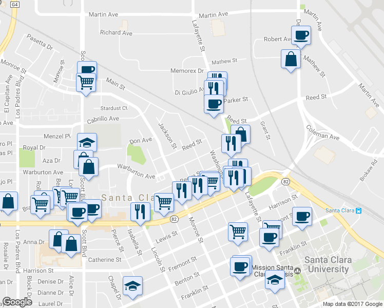 map of restaurants, bars, coffee shops, grocery stores, and more near 1891 Main Street in Santa Clara