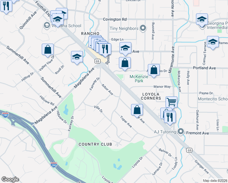 map of restaurants, bars, coffee shops, grocery stores, and more near 1325 Arbor Avenue in Los Altos