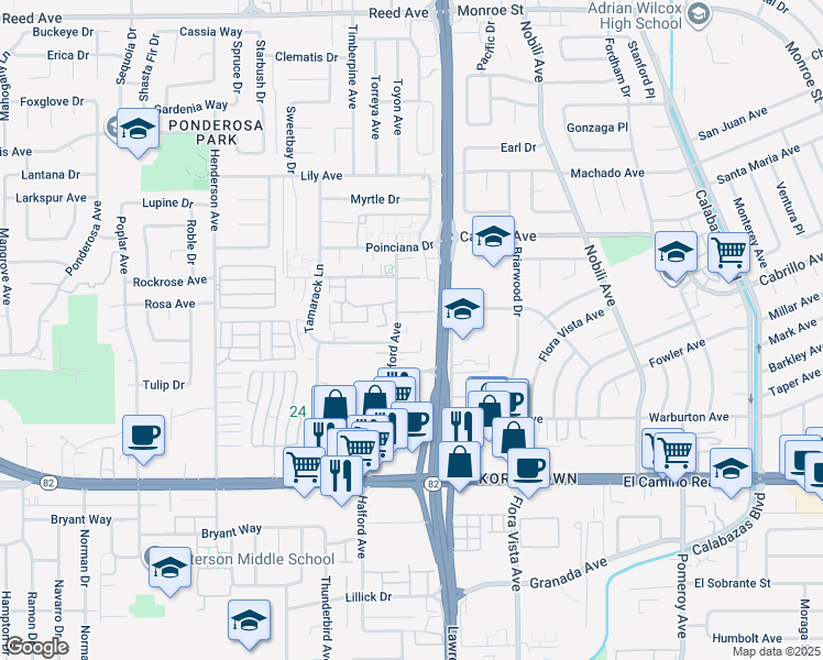 map of restaurants, bars, coffee shops, grocery stores, and more near 1901 Halford Avenue in Santa Clara