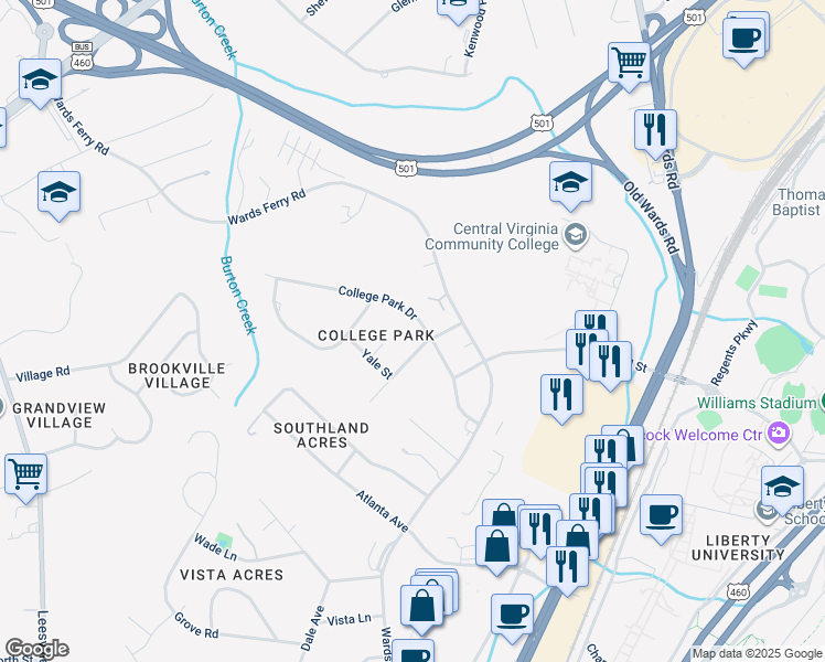 map of restaurants, bars, coffee shops, grocery stores, and more near 303 College Park Drive in Lynchburg