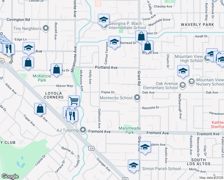 map of restaurants, bars, coffee shops, grocery stores, and more near 1220 Payne Drive in Los Altos