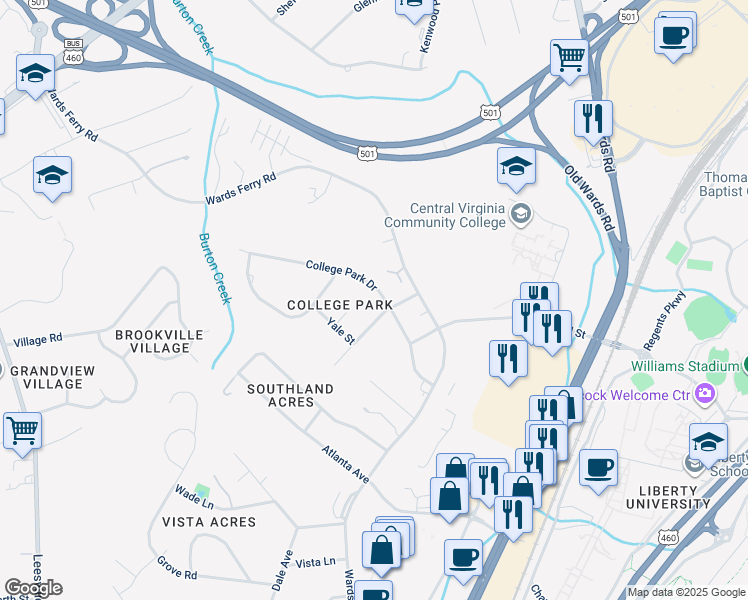 map of restaurants, bars, coffee shops, grocery stores, and more near 303 College Park Drive in Lynchburg