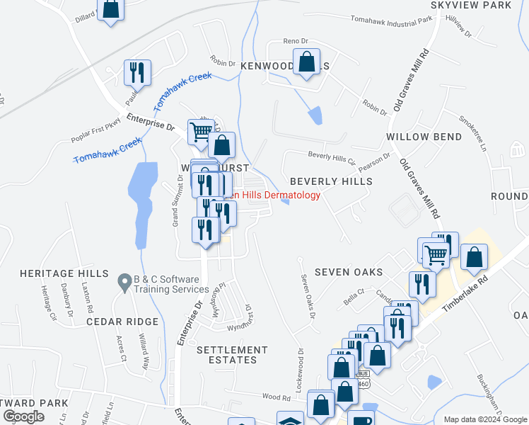 map of restaurants, bars, coffee shops, grocery stores, and more near 519 Northwynd Circle in Lynchburg