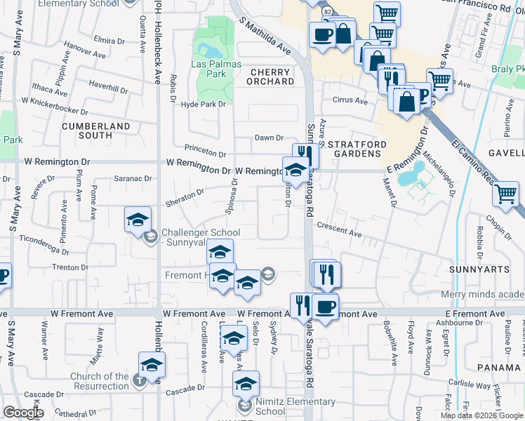 map of restaurants, bars, coffee shops, grocery stores, and more near 1143 Tangerine Way in Sunnyvale