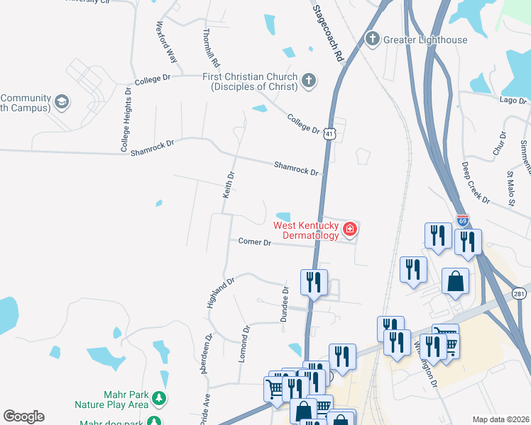 map of restaurants, bars, coffee shops, grocery stores, and more near 111 Carlisle Drive in Madisonville