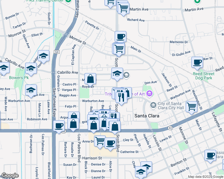 map of restaurants, bars, coffee shops, grocery stores, and more near 2050 Royal Drive in Santa Clara