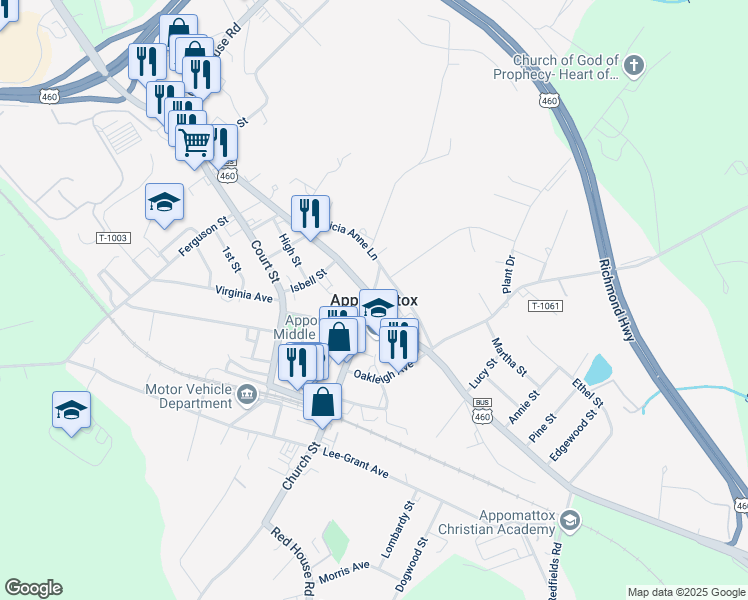 map of restaurants, bars, coffee shops, grocery stores, and more near in Appomattox