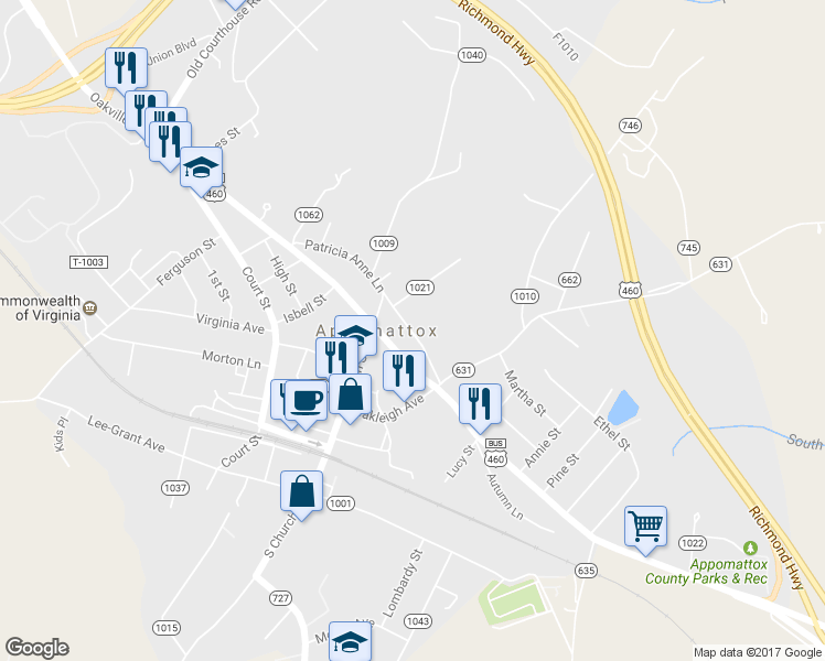 map of restaurants, bars, coffee shops, grocery stores, and more near 220 Patricia Anne Lane in Appomattox