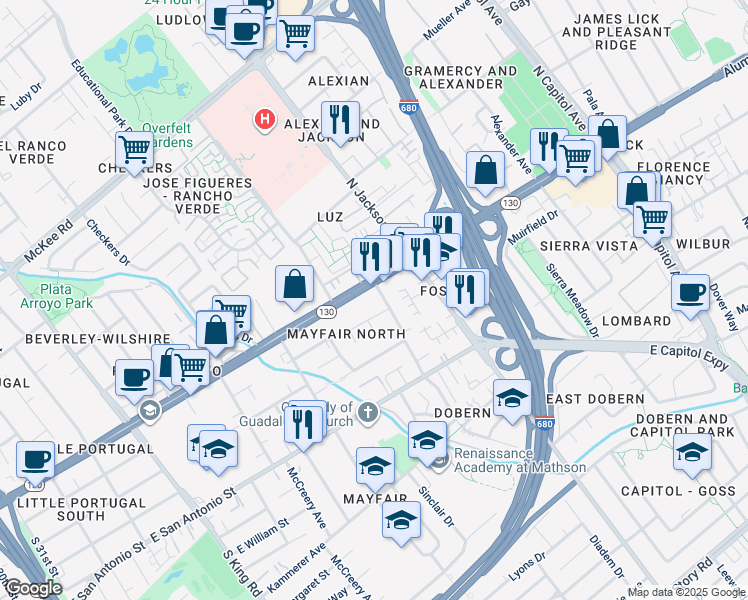 map of restaurants, bars, coffee shops, grocery stores, and more near 2232 California 130 in San Jose
