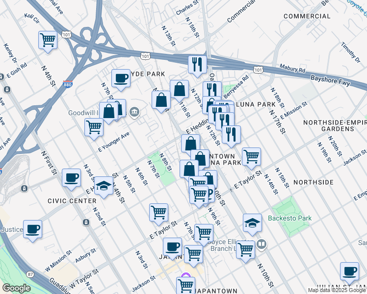 map of restaurants, bars, coffee shops, grocery stores, and more near 875 North 10th Street in San Jose