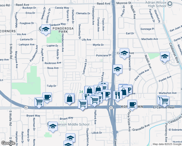 map of restaurants, bars, coffee shops, grocery stores, and more near 1908 Magdalena Circle in Santa Clara