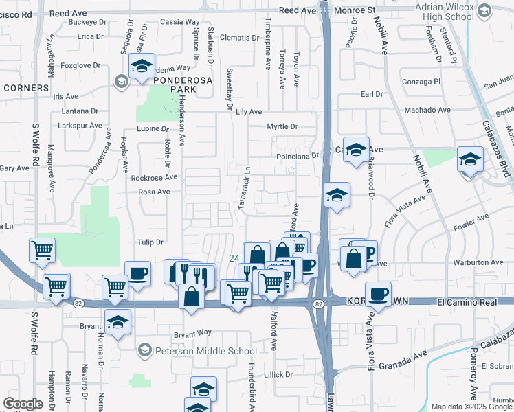 map of restaurants, bars, coffee shops, grocery stores, and more near 940 Tamarack Lane in Sunnyvale