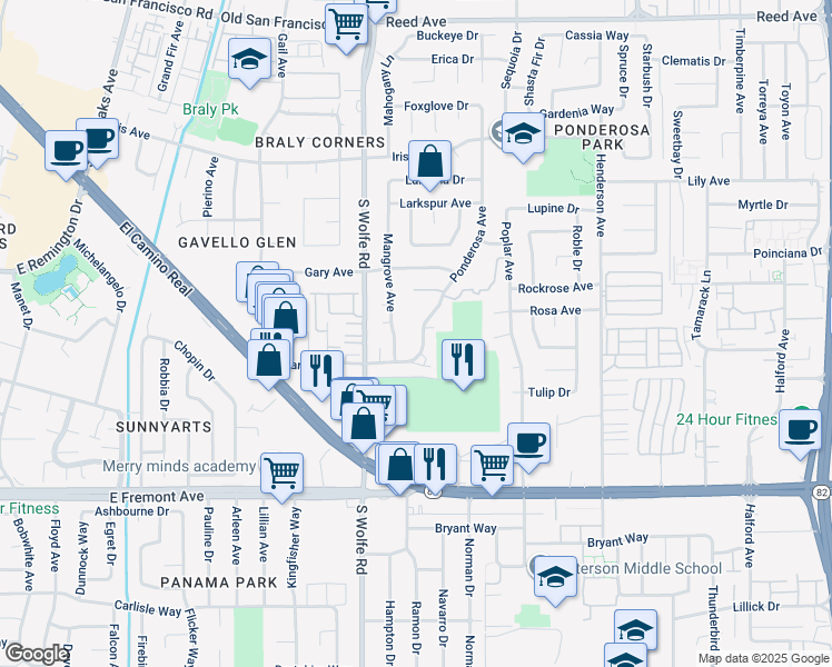 map of restaurants, bars, coffee shops, grocery stores, and more near 942 Ponderosa Avenue in Sunnyvale