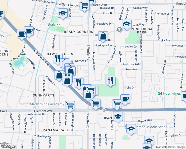 map of restaurants, bars, coffee shops, grocery stores, and more near 956 Mangrove Avenue in Sunnyvale