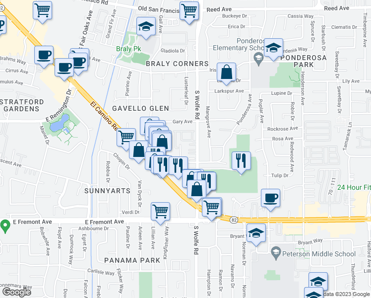 map of restaurants, bars, coffee shops, grocery stores, and more near 951 South Wolfe Road in Sunnyvale