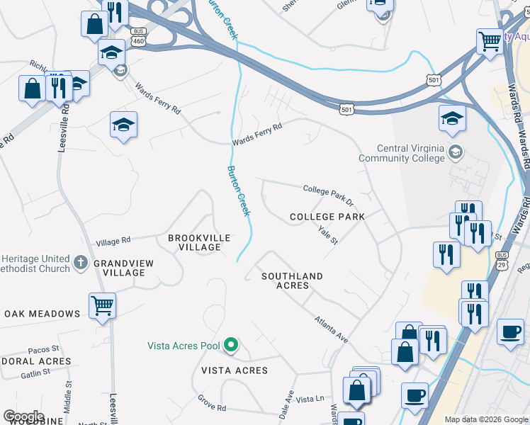 map of restaurants, bars, coffee shops, grocery stores, and more near 127 Temple Circle in Lynchburg