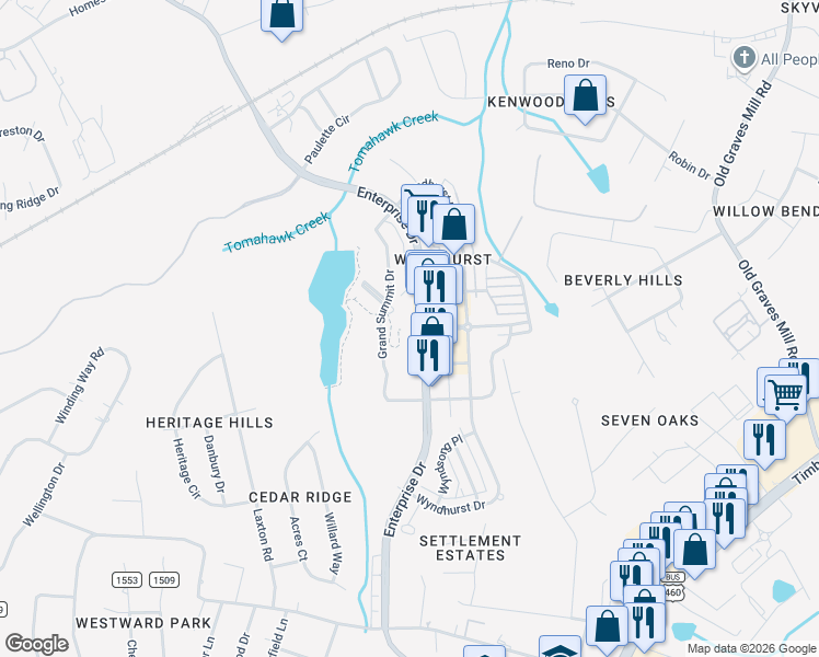 map of restaurants, bars, coffee shops, grocery stores, and more near 128 Grand Summit Drive in Lynchburg