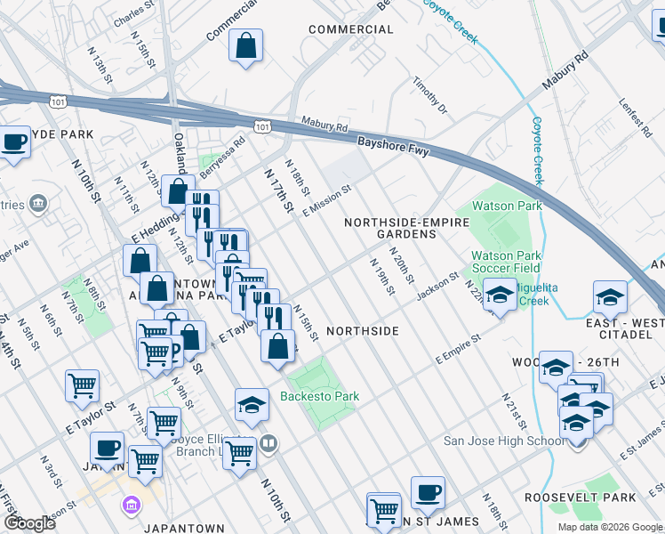 map of restaurants, bars, coffee shops, grocery stores, and more near 805 East Taylor Street in San Jose