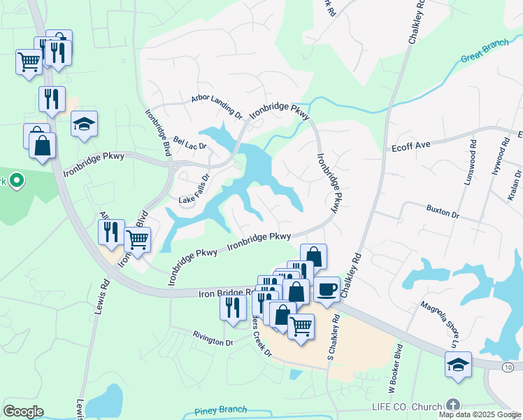 map of restaurants, bars, coffee shops, grocery stores, and more near 11630 Drayton Landing Drive in Chester