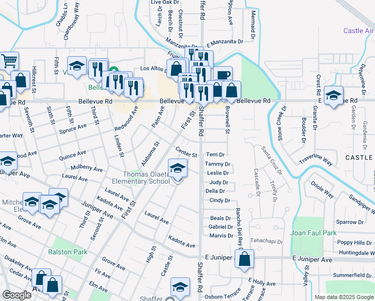 map of restaurants, bars, coffee shops, grocery stores, and more near 259 Center Street in Atwater