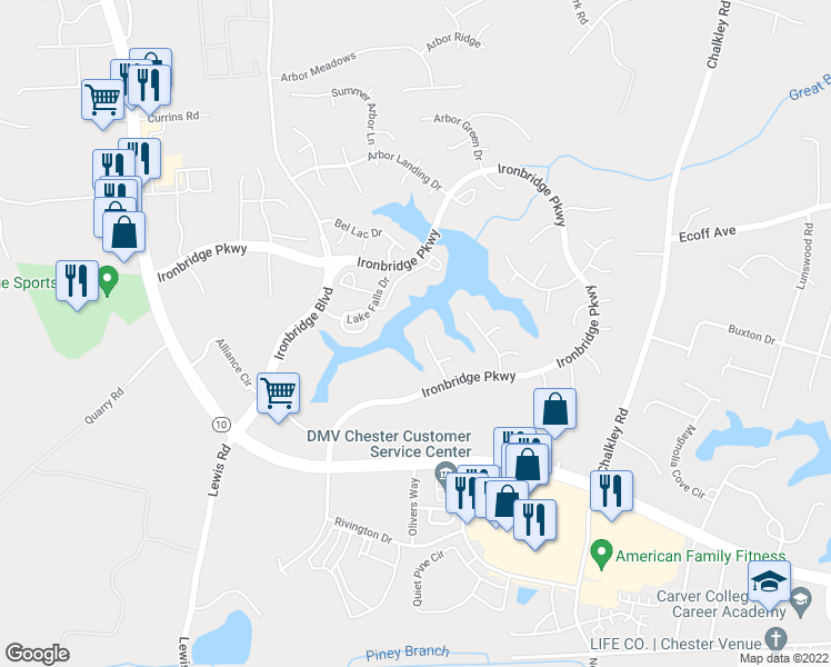 map of restaurants, bars, coffee shops, grocery stores, and more near 11606 Stephens Point Drive in Chester