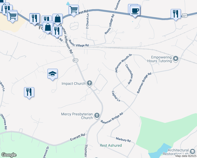 map of restaurants, bars, coffee shops, grocery stores, and more near 1336 Jefferson Way in Forest