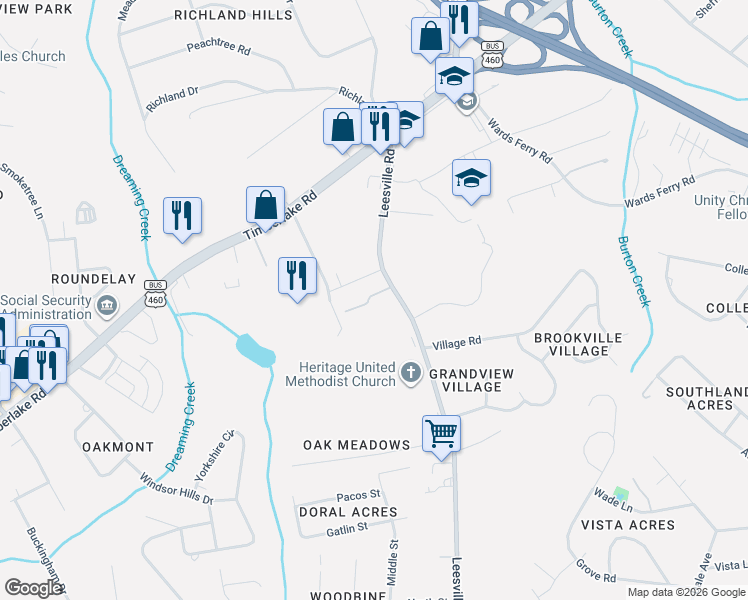 map of restaurants, bars, coffee shops, grocery stores, and more near 542 Leesville Road in Lynchburg