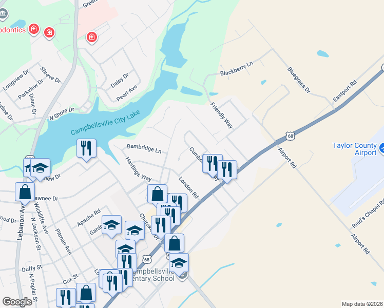 map of restaurants, bars, coffee shops, grocery stores, and more near 702 Cumberland Way in Campbellsville