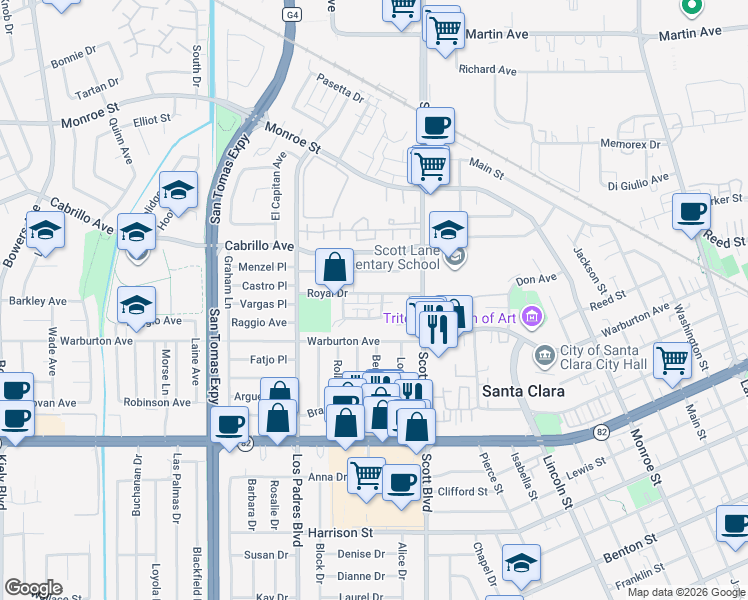 map of restaurants, bars, coffee shops, grocery stores, and more near 2104 Royal Drive in Santa Clara