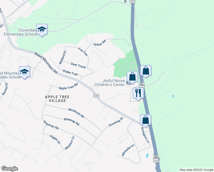 map of restaurants, bars, coffee shops, grocery stores, and more near 140-198 Toad Hollow in Roanoke