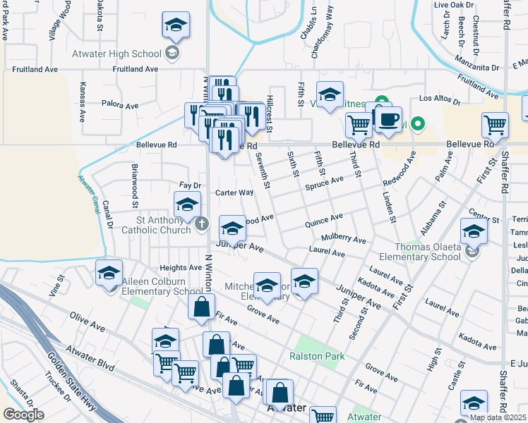 map of restaurants, bars, coffee shops, grocery stores, and more near 2404 Whipplewood Drive in Atwater